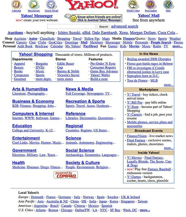 Trang Yahoo! năm 2001. Giờ đây, Yahoo! đã không còn giữ được vị thế của mình như xưa, thậm chí phải "khai tử" hàng loạt dịch vụ.