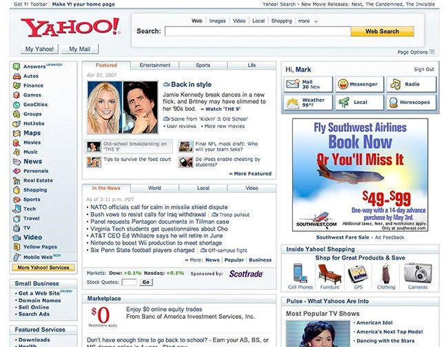 Trang Yahoo! năm 2007. Diện mạo Yahoo! bắt đầu thay đổi một cách cực kỳ sáng tạo.