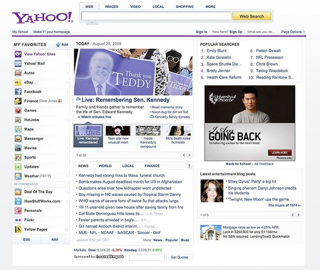 Trang Yahoo! năm 2009. Yahoo! bắt đầu thay đổi logo sang màu tím chủ đạo từ năm 2008 và giữ nguyên tới năm 2009.