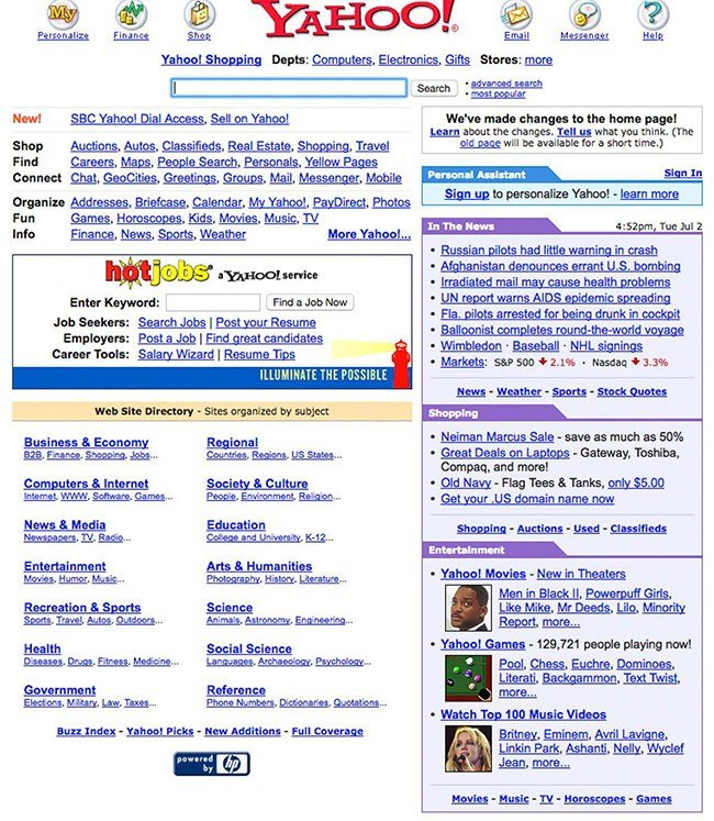 Trang Yahoo! năm 2002. Hiện tại, các dịch vụ của Yahoo! vẫn đang có hơn 1 tỉ người dùng, trong đó khoảng 600 triệu người dùng smartphone.