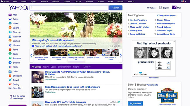 Trang Yahoo! năm 2014. Yahoo! đã có những cơ cấu mạnh mẽ vào năm này.