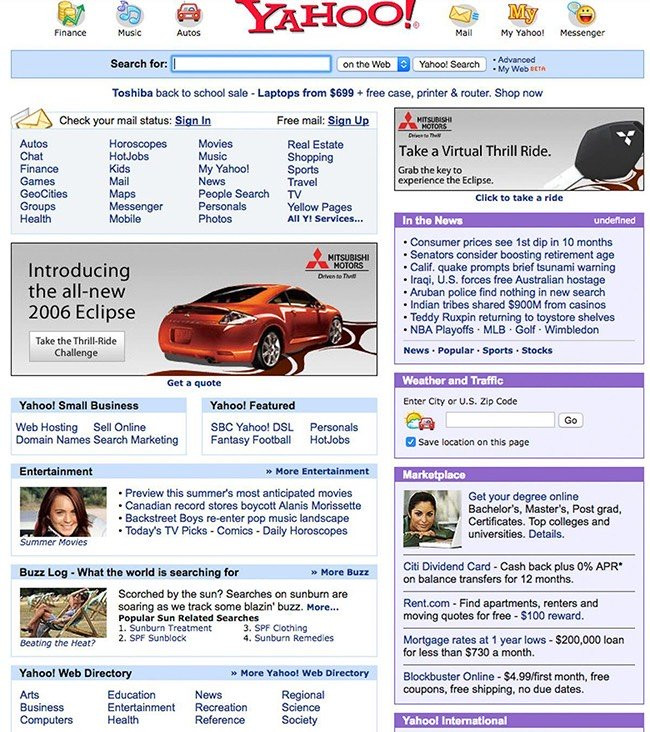 Trang Yahoo! năm 2005. Ngoài dịch vụ chat, tạo trang nhật ký cá nhân và tin tức, Yahoo! còn có hàng loạt dịch vụ khác như dự báo thời tiết, email, game,...