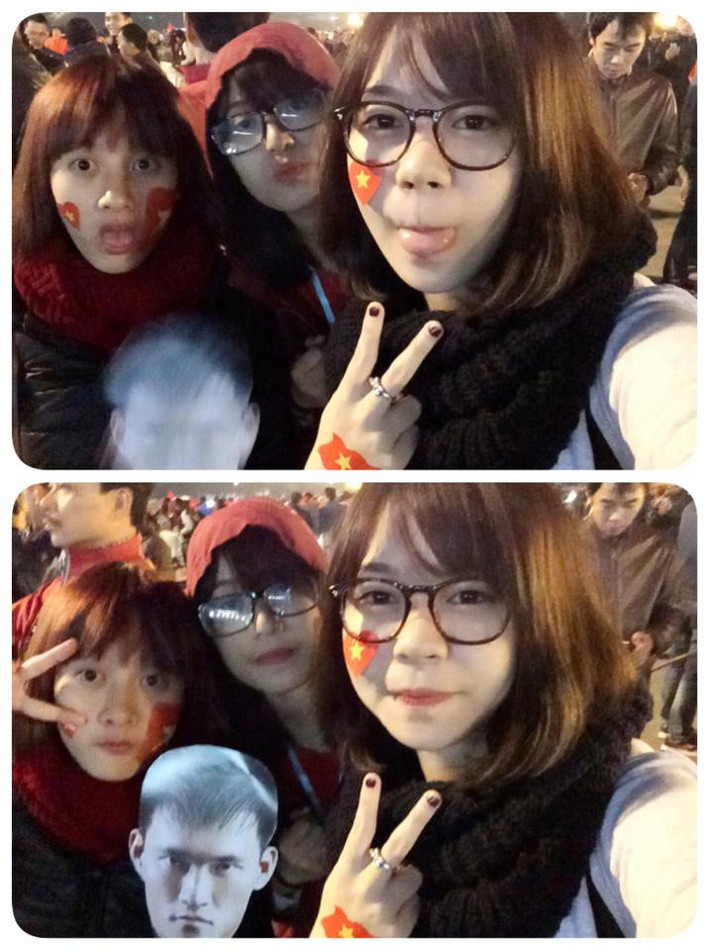 Huyền Bầu cùng với nhóm bạn trong Hội CĐV VFS tham gia cổ vũ ĐTVN tại AFF Cup 2014 được tổ chức tại sân Mỹ Đình - Hà Nội.