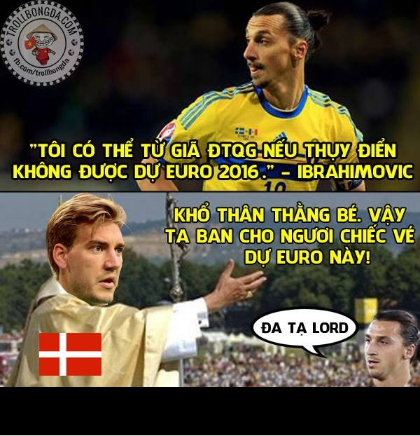 Ảnh chế hài hước: Vì không muốn Ibrahimovic giã từ sự nghiệp ĐTQG nên Thánh Bendtner đã ban đặc ăn cho cầu thủ này đó là chiếc vé đến VCK Euro 2016.