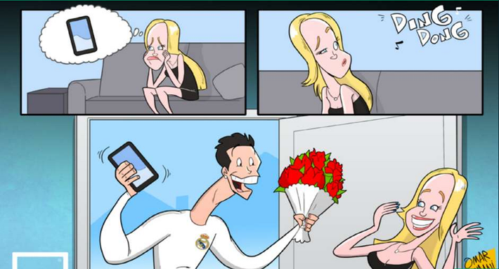 Mới đây, người ta lại nhắc đến chuyện tình cảm của Cristiano Ronaldo khi anh đóng vai người tốt khi đi du lịch ở Mỹ. CR7 đã nhặt được điện thoại của cô gái có tên là Austin Milan. Nhân sự kiện này, họa sĩ Omar Momani đã cho ra đời bức ảnh chế bóng đá với hàm ý CR7 lấy cớ trả điện thoại để tán gái.