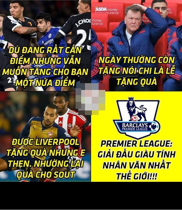 Ảnh chế bóng đá tuần qua đã quay trở lại và xoay quanh những trận đấu đáng chú tại giải Ngoại hạng Anh. Nơi Man United tiếp tục thể hiện phong độ nhợt nhạt và Arsenal để thua mất mặt 0-4 trước Southampton qua đó lỡ luôn việc ngôi đầu bảng của Leicester - đội bóng đá để thua trong tuần đấu vừa qua.