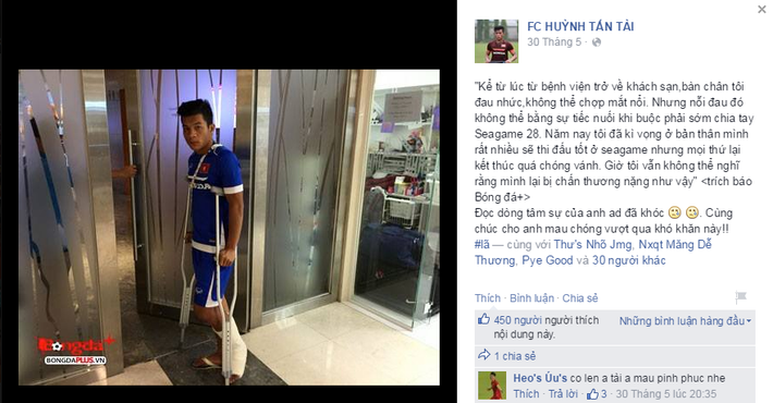 Trên fanpage của mình, rất nhiều những dòng tâm sự các fan gửi đến Tấn Tài. Tất cả mọi người đều mong Tấn Tài nhanh chóng bình phục để sớm trở lại với sự nghiệp anh đã chọn. Ảnh: FBNV.