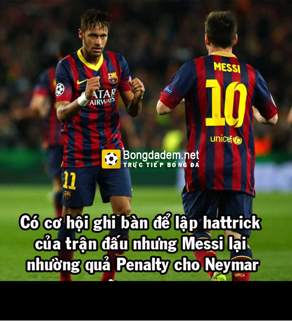 Trong chiến thắng 6-1 trước AS Roma của Barca, Messi có cơ hội lập hat-trick nhưng cầu thủ này đã nhường lại cơ hội cho đàn em là Neymar.