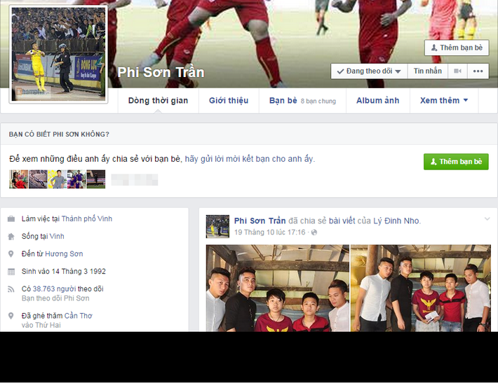Phi Sơn được ví là "Ronaldo Việt Nam" xếp thứ 8 trong danh sách những cầu thủ Việt có nhiều fan hâm mộ nhất trên Facebook với 38.736 người theo dõi.