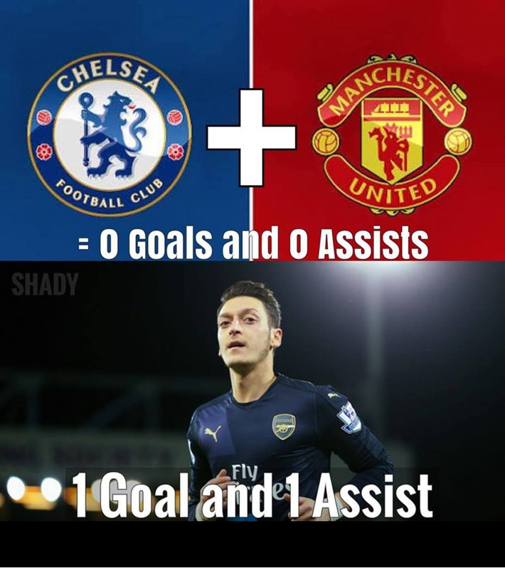 Trận đấu giữa Man United và Chelsea không có đường kiến tạo cũng không có bàn thắng. Còn riêng một mình Oezil của Arsenal thì trong trận gặp Bournemouth đã có 1 bàn thắng và 1 đường kiến tạo thành bàn.