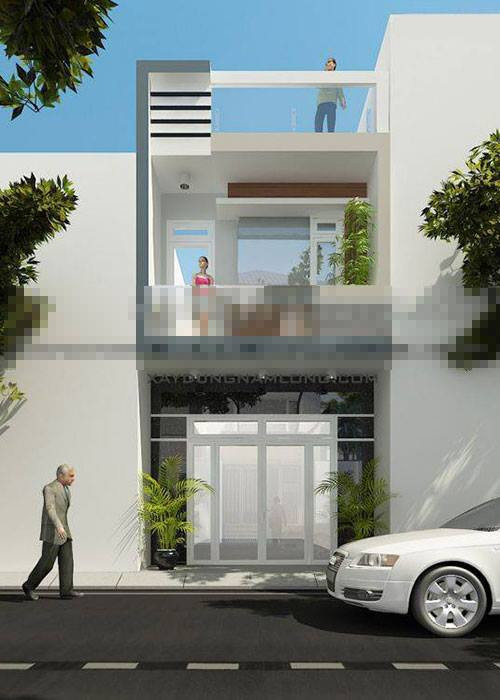 Nhà phố 1 trệt 1 lầu có sân thượng kiểu dáng hiện đại. Ảnh: Xaydungnhadepmoi.