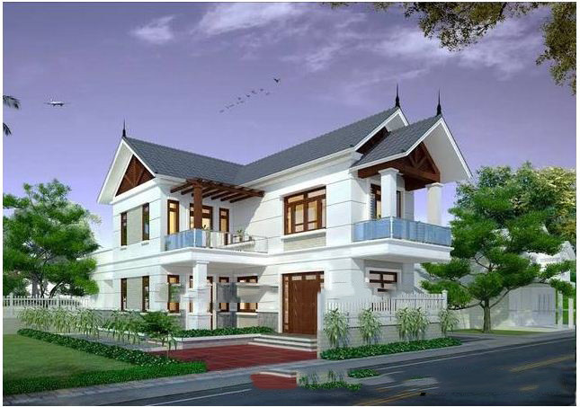 Biệt thự vườn 2 tầng chữ L sử dụng gam màu trắng sáng kết hợp với mái thái đơn giản mà tinh tế. Ảnh: Thanglongarc.