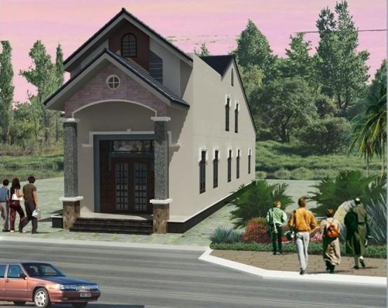 Hệ mái kép chứ A cùng trụ cột vuông vức tạo điểm nhấn cho công trình. Ảnh: Nhabinhduong.