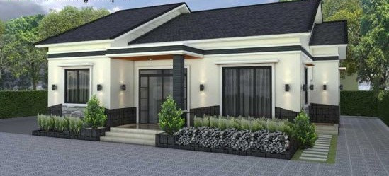Nhà 1 tầng có sân rộng phía trước và phía sau. Mái, gạch ốp chân tường và cột nhà màu đen mang đến vẻ đẹp cao sang. Ảnh: Thietkethicongnhadep.