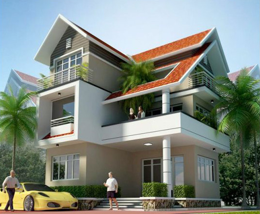 Biệt thự mái thái kiểu dáng mới với lan can ban công tầng 2 rộng, thông thoáng. Cây xanh trang trí xung quanh tạo không gian mát mẻ. Ảnh: Datbinhduong.