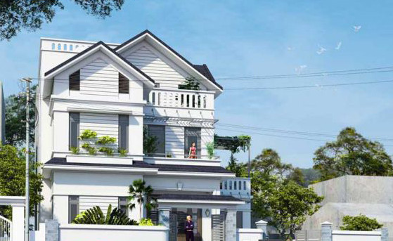 Tông màu trắng sáng chủ đạo cùng hệ mái màu nâu đen đã tạo nên điểm nhấn nổi bật cho toàn bộ ngôi nhà. Ảnh: Blogxaydung.