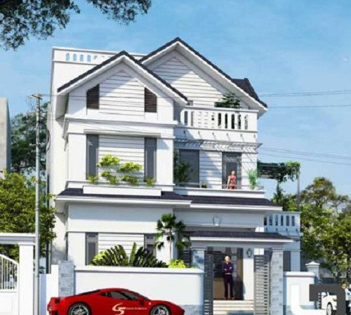 Biệt thự 3 tầng mái thái mang nét đẹp hài hòa khi sử dụng màu trắng sáng làm chủ đạo và hệ mái màu nâu đen. Ảnh: Blogxaydung.