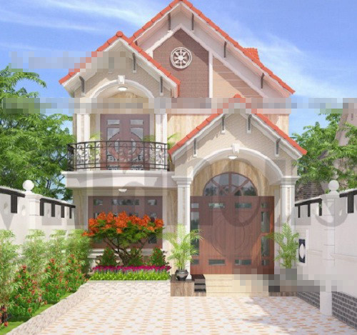 Biệt thự 2 tầng được thiết kế theo phong cách hiện đại, mái thái khung bê tông sắt thép chịu lực. Bên trong có phòng khách cao thoáng và gác lửng phù hợp cho nhu cầu sử dụng của gia đình. Ảnh: Vinahouse.