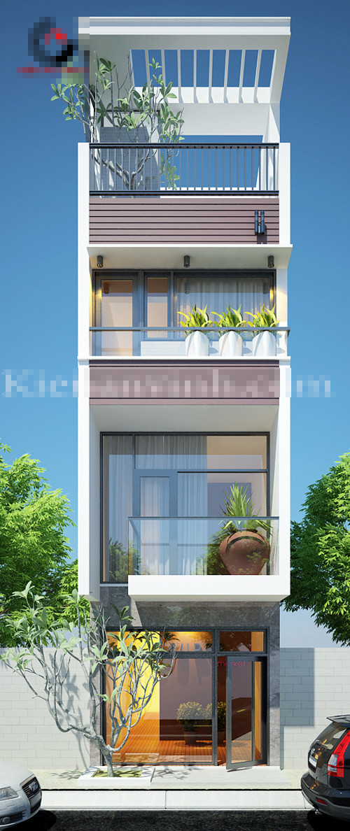 Mẫu nhà phố 3 tầng 1 tum theo phong cách trẻ trung, sử dụng hình khối tạo hình khỏe khoắn, kết hợp với lan can kính trong suốt. Ảnh: Kienanvinh.