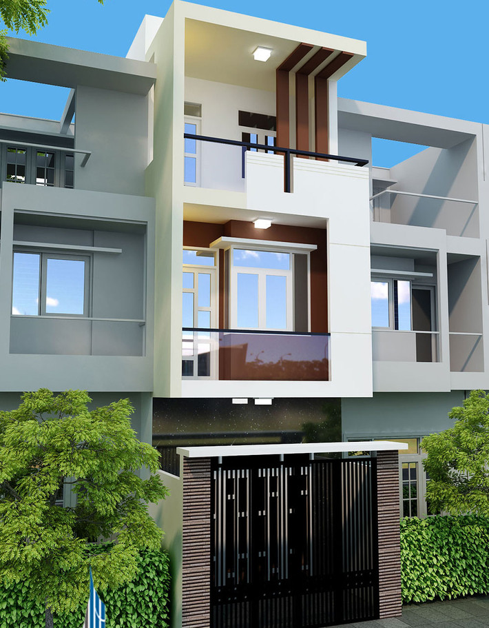 Mặt tiền ngôi nhà được thiết kế đơn giản với những hình khối nhẹ nhàng, lan can bằng kính cường lực trong suốt. Ảnh: Phankienphat.