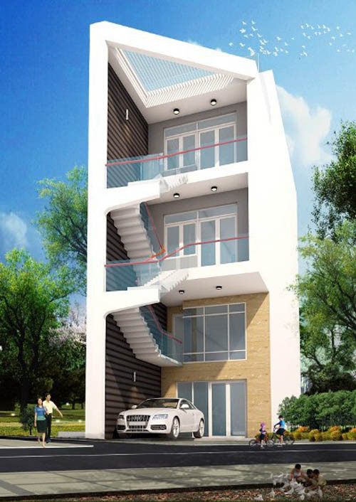 Điểm đặc biệt của ngôi nhà là cầu thang lộ thiên ở mặt tiền kết hợp lam sắt dọc trên sân thượng theo hình cánh cung trông rất lạ mắt. Ảnh: Thietkediemvang.