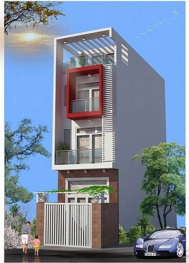 Tầng 3 sơn màu đỏ xen giữa nền tường trắng giúp ngôi nhà 3 tầng trở nên nổi bật. Ảnh: Ktshanoi.