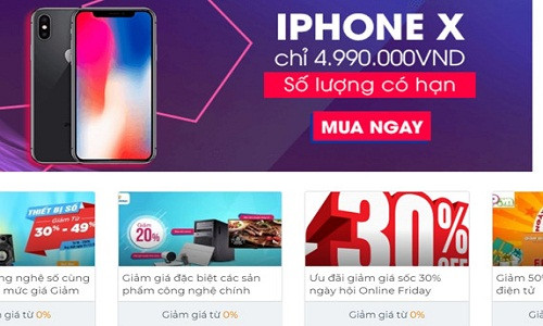 Trong danh sách các sản phẩm giảm giá, đáng chú ý nhất là iPhone X được một trang thương mại điện tử chào bán với giá chỉ 4,99 triệu đồng. Ảnh: Zing.