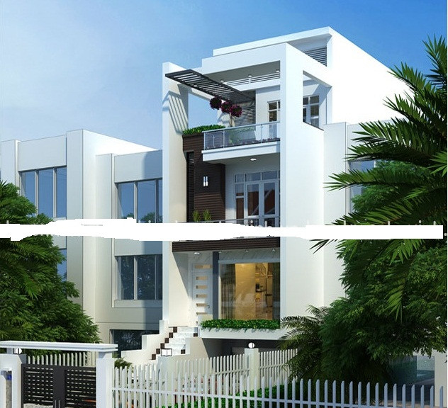 Nhà phố thiết kế trang nhã và duyên dáng với cầu thang ngoài, sân rộng lát gạch vuông với một tiểu cảnh xinh xắn. Ảnh: Kientrucnhaxinh.
