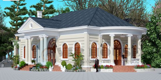 Năm 2018, kiến trúc nhà 1 tầng phong cách cổ điển sẽ ngày càng phổ biến với nhiều màu sắc nổi bật. Công trình sử dụng nhiều cửa sổ, nhiều cột trụ tạo sự kiên cố và thoáng hơn. Ảnh: Datbinhduong.