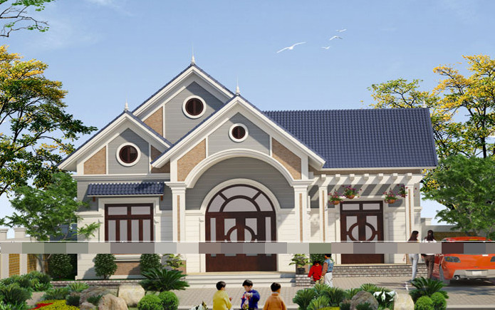 Biệt thự mái thái 1 tầng hiện đại xây trên khu đất rộng có đầy đủ không gian sân, vườn cảnh quan xanh mát. Ảnh: Kientrucmovic.