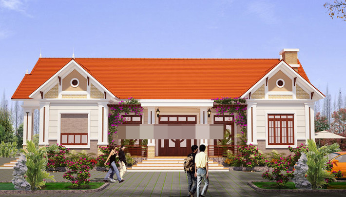 Thiết kế nhà mái thái 1 tầng cách điệu lấy ý tưởng từ mẫu nhà cấp 4 mái ngói truyền thống. Ảnh: Kientrucmovic.