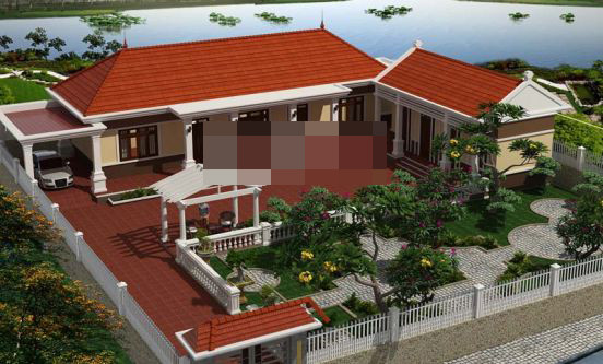 Thiết kế nhà vườn hình chữ L, có gara với 4 phòng ngủ, 1 phòng khách, phòng ăn, không gian nhà bếp liền kề, rất thuận tiện sinh hoạt. Ảnh: Angcovat.