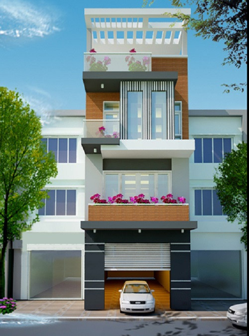 Mẫu nhà ống 2 tầng diện tích 5x2, có gara xe ô tô, 3 phòng ngủ, giếng trời tạo không gian mở thanh thoát. Ảnh: Thietkexaynha.