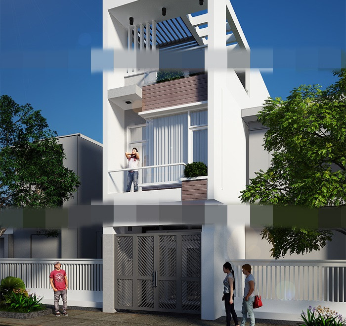 Mẫu nhà phố 2 tầng 1 tum thiết kế hiện đại có gara để xe với mặt tiền 5 mét. Nhà có 3 phòng ngủ mát mẻ với phòng tắm riêng tách biệt. Ảnh: Kienanvinh.