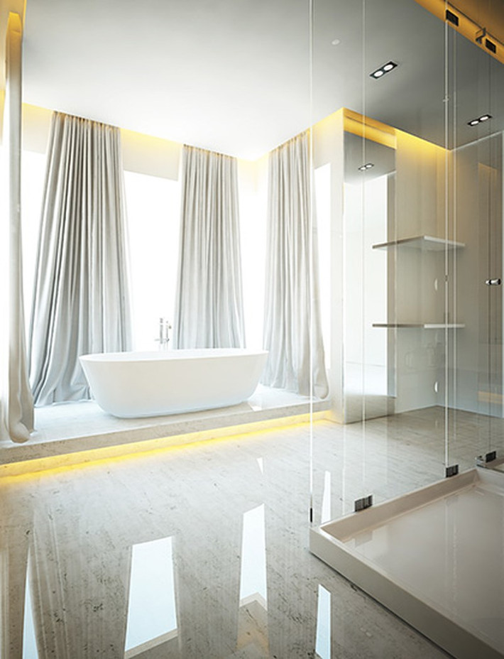 Phòng tắm chính thiết kế mở chính, ngập tràn ánh sáng. Ảnh: Zing.