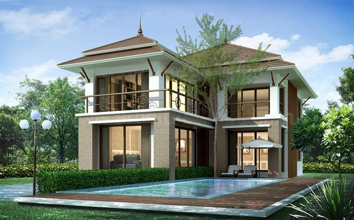 Nhà 2 tầng mái thái hiện đại có hồ bơi rộng rãi trước nhà. Ảnh: Nhadepsang.
