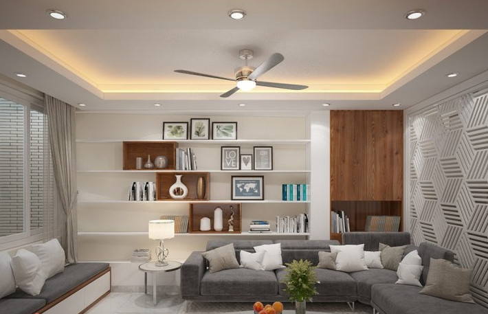 Kệ được chia thành nhiều ngăn nhỏ, tích hợp đèn LED giúp gia chủ có thể dễ dàng phân loại sách.