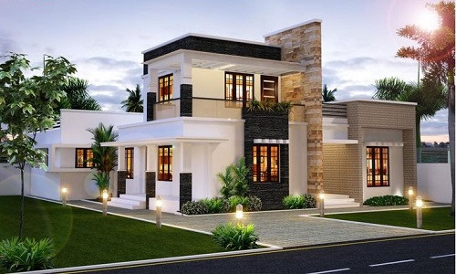 Biệt thự mái bằng 2 tầng phối màu sắc trắng, đen, nâu, vàng hài hòa mang đến sự độc đáo. Ảnh: Kientrucsuvietnam.