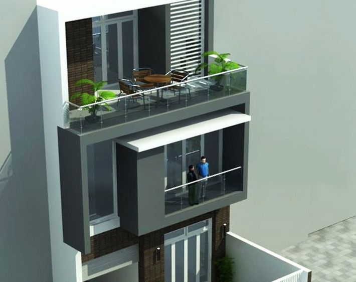 Thiết kế nhà ống 3 tầng theo phong cách nhà phố trẻ trung. Tầng 1 có gara ô tô, phòng khách, bếp ăn, giếng trời. Ảnh: Ktshanoi.