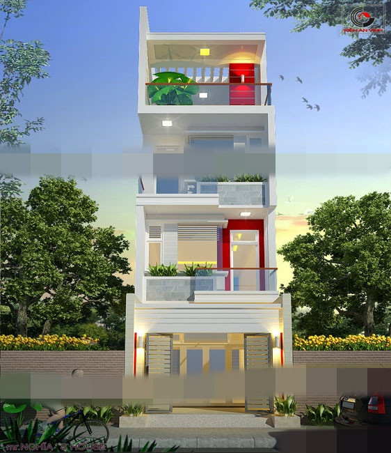 Mẫu nhà phố 4 tầng thiết kế hiện đại, sử dụng màu sơn cửa tầng 1, tầng 2 khác biệt tạo nét nổi bật. Ảnh: Kienanvinh.