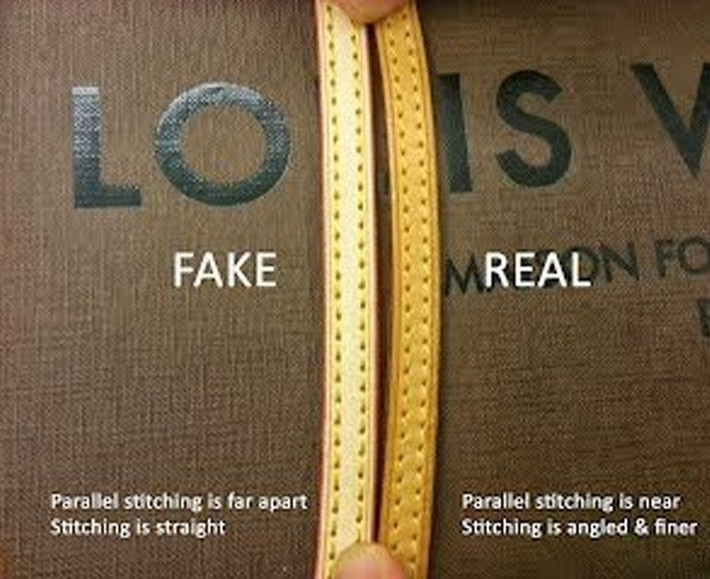 Về phần quai xách, các túi xách Louis Vuitton được làm bằng da bò tự nhiên nên chất lượng rất tốt nên không cần lớp nhựa bọc bảo vệ trong khi túi giả cần lớp nhựa này để viền ngoài.