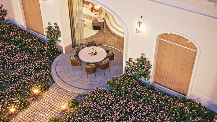 Không gian uống trà & BBQ ngoài trời là khu vực nữ nghệ sĩ rất thích. Từ đây người lớn có thể dễ dàng quan sát bọn trẻ chơi đùa…..