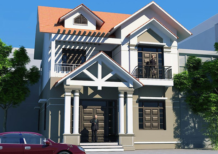 Thiết kế nhà 2 tầng mái thái lấy đường nét chủ đạo là sự khỏe khắn, vuông thẳng được thể hiện qua các hệ cột, phào chi. Ảnh: Wedo