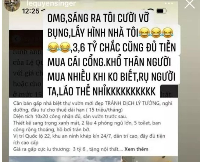 Thời gian qua, ca sĩ Lệ Quyên tất bật trang hoàng cho căn biệt thự mới tại TP HCM. Đáng chú ý, khi căn nhà bị kẻ xấu mượn hình ảnh mang ra rao bán với giá 3,6 tỷ đồng, Lệ Quyên tuyên bố số tiền này chỉ đủ... mua cái cổng nhà.