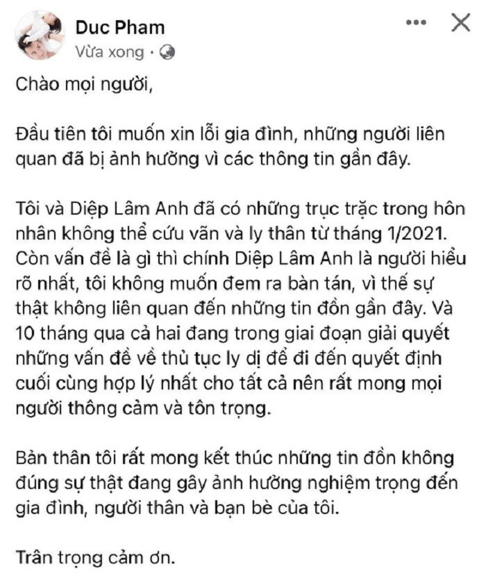 Sau thời gian dài vướng nghi vấn trục trặc hôn nhân, chiều ngày 31/10, một tài khoản Facebook được cho là của doanh nhân Đức Phạm - chồng Diệp Lâm Anh có bài đăng cho biết, cả hai đã ly thân vào tháng 1/2021. Tuy nhiên, chỉ sau vài phút đăng tải, dòng trạng thái nói trên đã bị xoá và khóa luôn tài khoản Facebook. Ảnh: Báo giao thông
