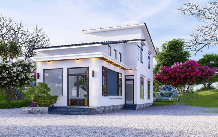 Nhà cấp 4 gác lửng mái dốc có thiết kế phá cách cùng khoảng sân vườn rộng thoáng, khá phù hợp cho những chủ đầu tư có diện tích nhà rộng, vuông vắn. Ảnh: Wedo