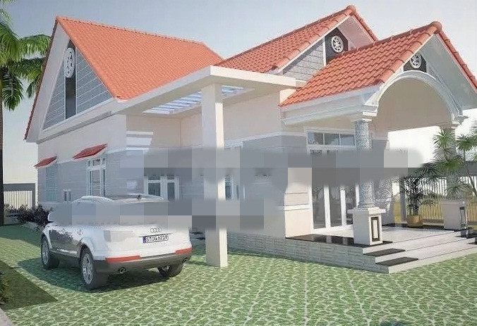 Mẫu nhà cấp 4 chữ L thiết kế mái thái, có lối đi thông thoáng, phần sân rộng để được ô tô và trồng cây xanh kết hợp với tiểu cảnh. Ảnh: Thietkenhadepmoi.