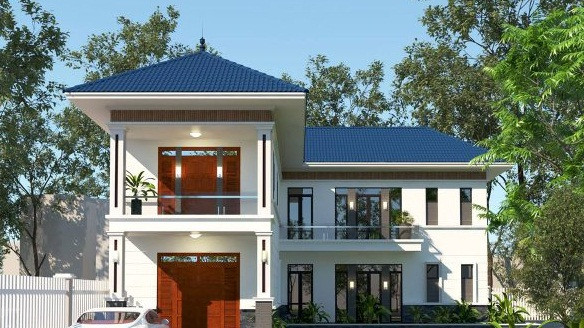 Biệt thự 2 tầng sử dụng gam màu trắng chủ đạo, mái thái màu xanh đẳng cấp và sang trọng. Ảnh: Thietkethicongnhadep.
