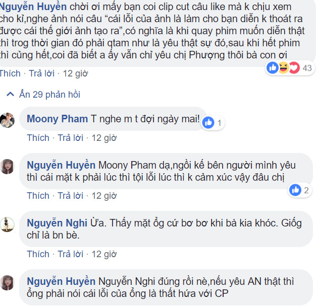 Ngay lập tức, các fan của cặp đôi Cát- Kiều đã vào facebook của Kiều Minh Tuấn tranh luận dữ dội. Bạn Nguyễn Huyền phân tích: "Trời ơi mấy bạn coi clip cut câu like mà không chịu xem cho kỹ, nghe ảnh nói câu “cái lỗi của ảnh là làm cho bạn diễn không thoát ra được cái thế giới ảnh tạo ra”,có nghĩa là khi quay phim muốn diễn thật thì trog thời gian đó phải quan tâm như là yêu thật sự đó, sau khi hết phim thì cũng hết, coi đã biết anh ấy vẫn chỉ yêu chị Phượng thôi bà con ơi".