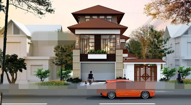 Biệt thự 3 tầng nổi bật với gam màu nâu trầm sang trọng. Cửa sử dụng chất liệu kính pha gỗ hiện đại cho không gian thoáng đãng. Ảnh: Vinavic.